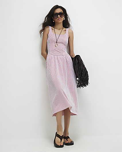 Red Cotton Blend Textured Stripe Midi Dress