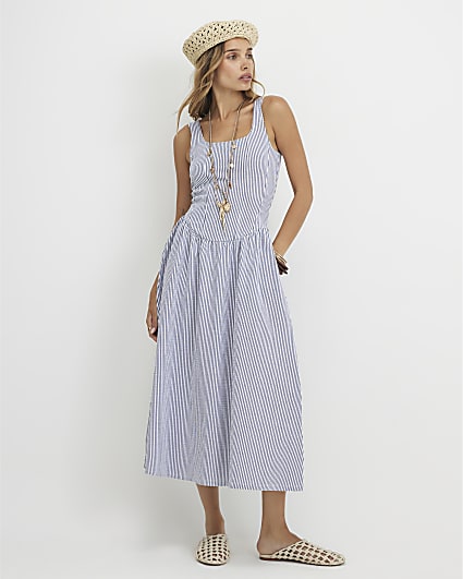 Blue Cotton Blend Textured Stripe Midi Dress