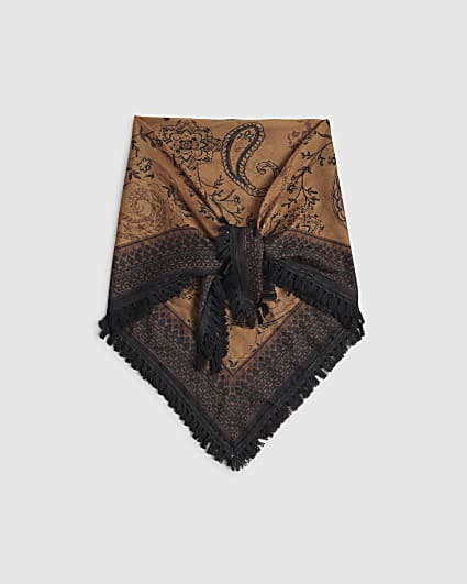 Brown Paisley Print Fringed Trim Scarf