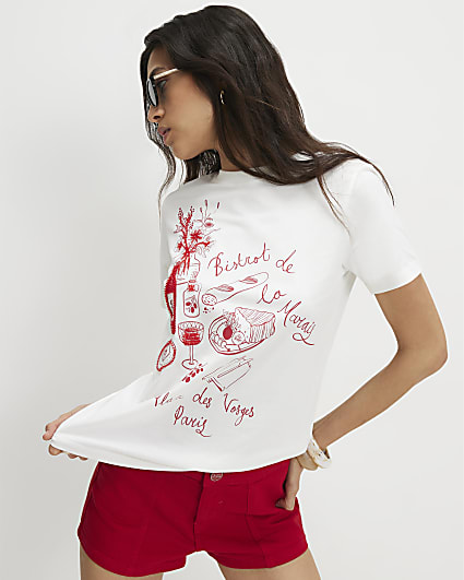 White Cotton Beaded Paris Bistro T-shirt