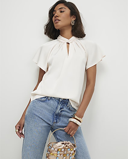 Cream Satin Angel Sleeve Twist Front Top