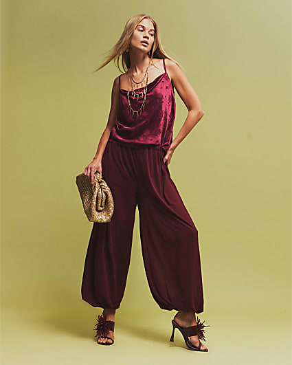 Red Cowl Neck Satin Jacquard Cami Top