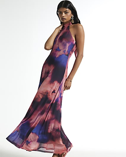 Coral Sleeveless Halter Mesh Midi Dress