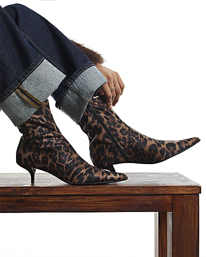 Brown Leopard Print Kitten Heel Sock Boots