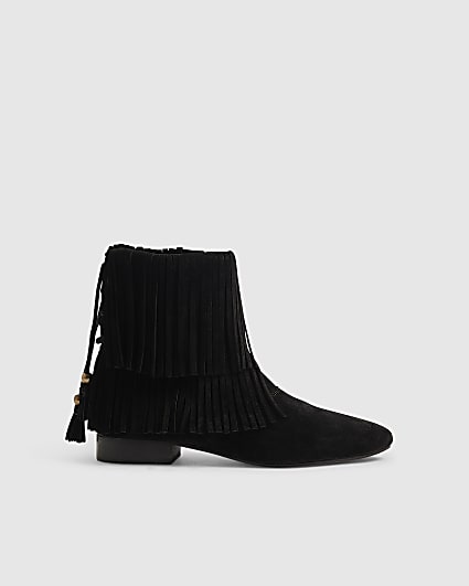 Black Suede Tassel Block Heel Boots