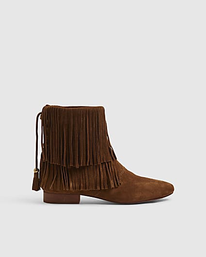 Brown Suede Tassel Block Heel Boots