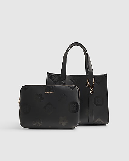 Black Logo Embossed Large Tote Bag Set