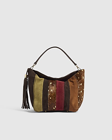 Brown Leather Patchwork Bucket Bag