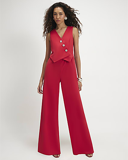 Red Embellished Button Waistcoat Jumpsuit