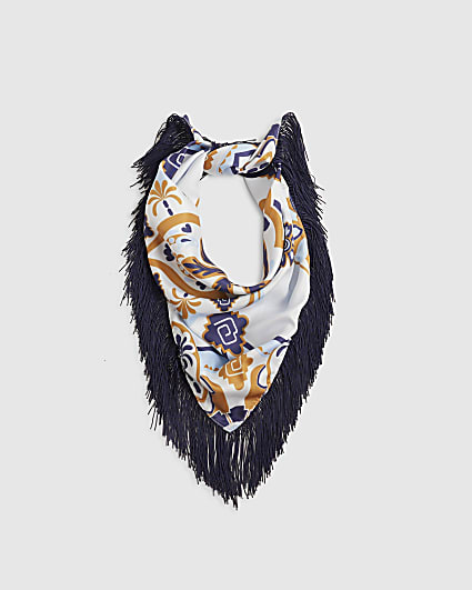 Blue Tapestry Fringe Scarf
