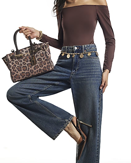Brown Leopard Print Diamante Tote Bag
