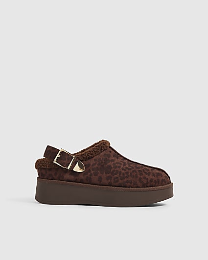 Brown Leopard Faux Fur Lined Slingback Shoes