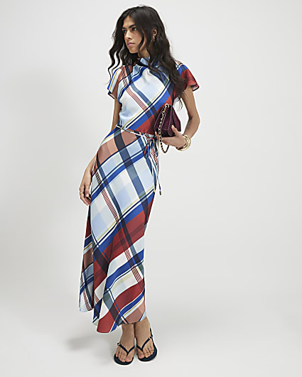 Blue Satin Check Print Maxi Dress