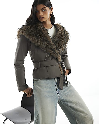 Khaki Faux Fur Shawl Hood Belted Jacket