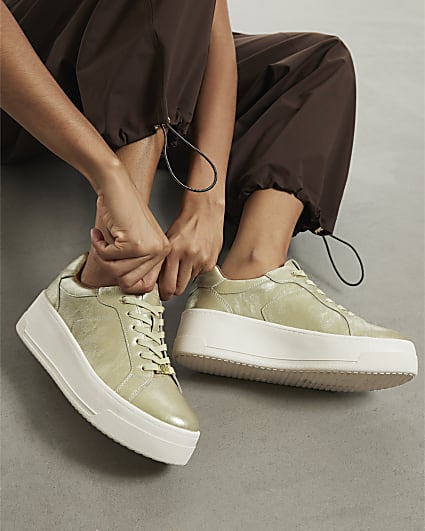 Gold Platform Lace Up Trainers