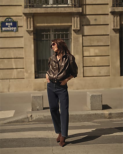 Brown Faux Leather Funnel Bomber Jacket
