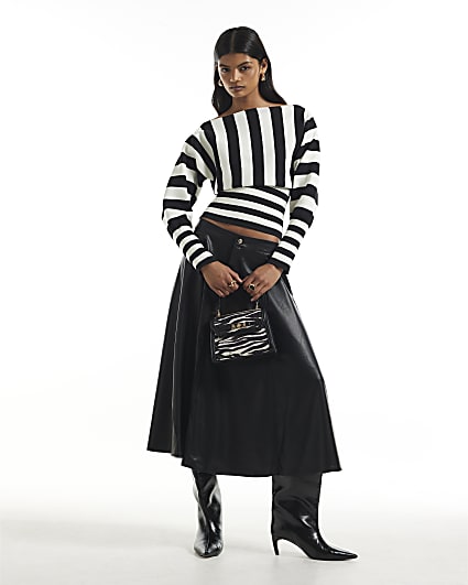 Black Faux Leather A Line Midi Skirt