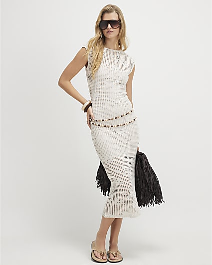 Beige Crochet Sleeveless Maxi Dress