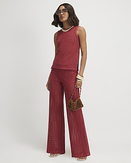 Red Crochet Wide Leg Trousers