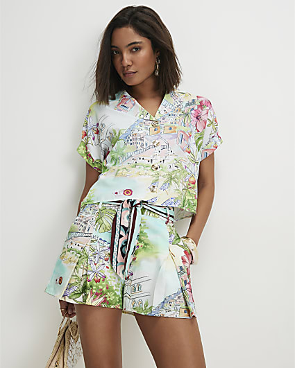 Green Printed Short Sleeve Blouse