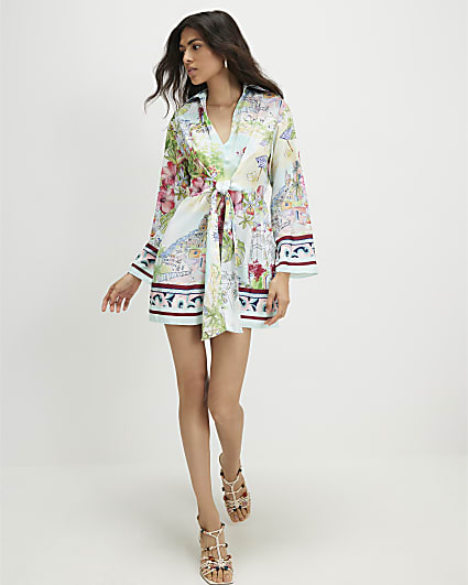 Blue Print Long Sleeve Tie Detail Mini Dress