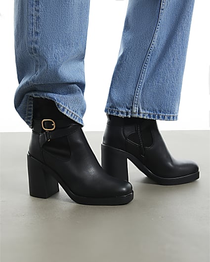 Black Faux Leather Chunky Buckle Ankle Boots