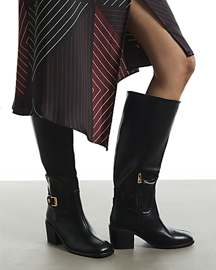 Black Faux Leather Buckle High Leg Boots