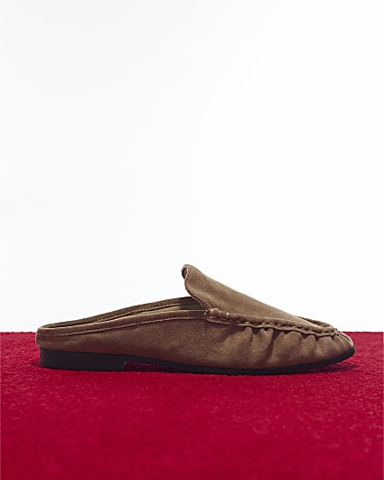 Beige Faux Suede Backless Ruched Loafers