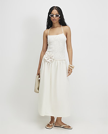 river island cream lace dress River Island White crochet button front mini dress