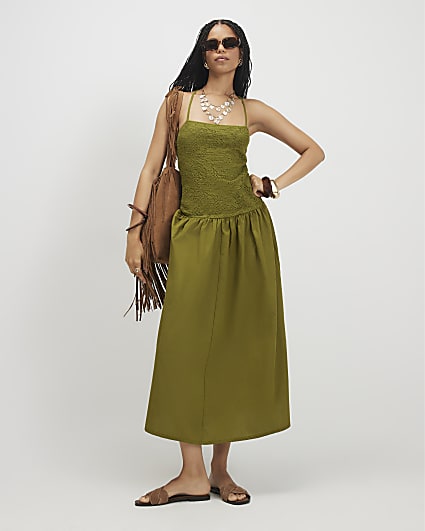 Khaki Sleeveless Lace Hybrid Midi Dress