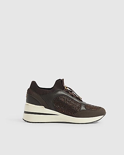 Brown Toggle Embellished Wedge Trainers