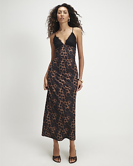 Brown Lace Trim Leopard Print Maxi Dress