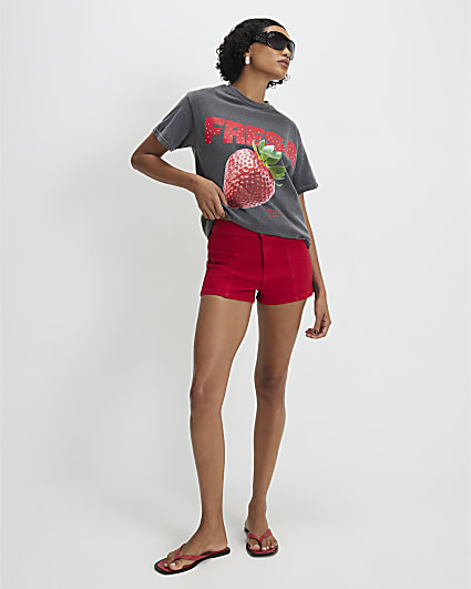 Grey Cotton Strawberry Boyfriend Fit T-Shirt