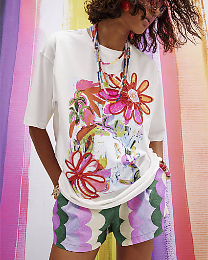 White Sequin Floral Print T-Shirt