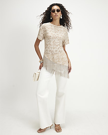 Beige Burnout Devore Fringed T-Shirt
