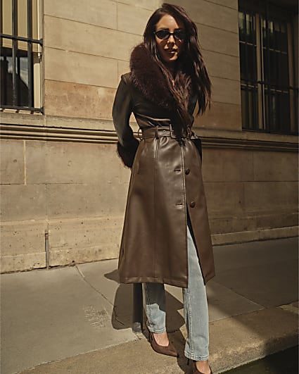 Brown Faux Fur Trim Belted Trench Coat