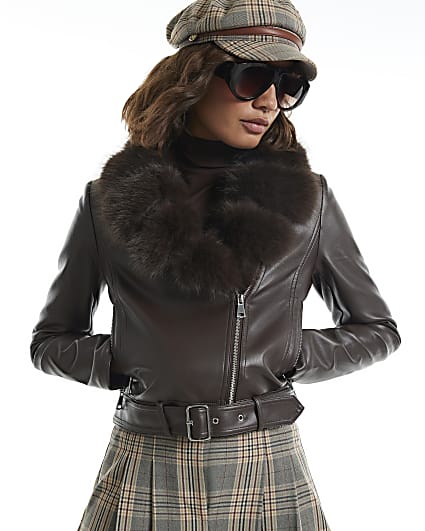 Brown Faux Fur Collar Cropped Biker Jacket