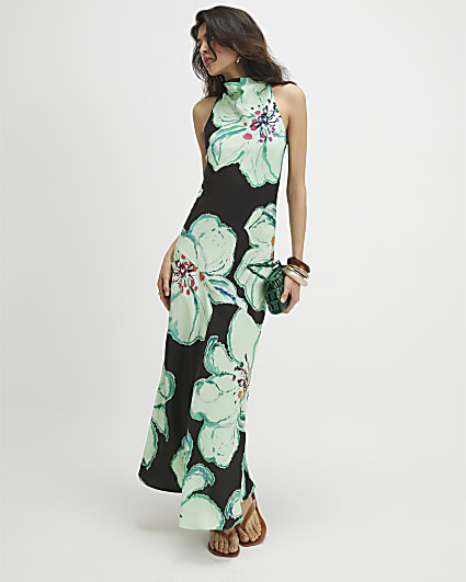 Brown Floral Print Halter Maxi Slip Dress