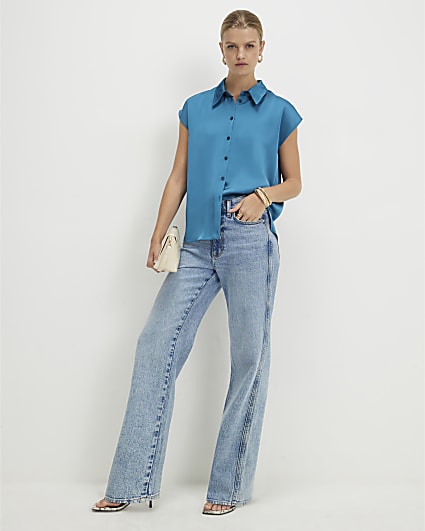 Blue Satin Short Sleeve Shirt