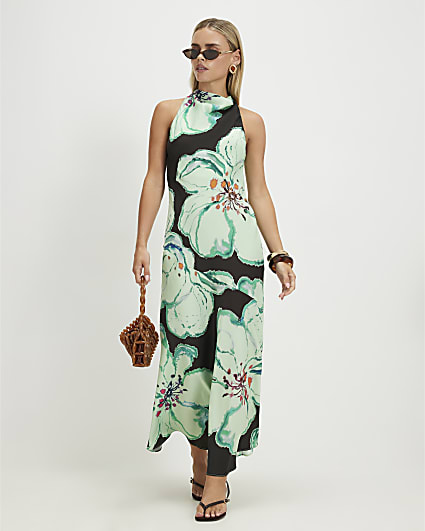 Petite Brown Floral Halter Maxi Slip Dress