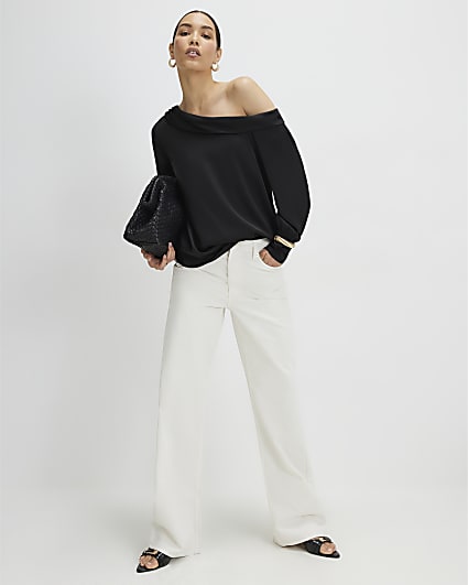 Black Satin Off The Shoulder Long Sleeve Top