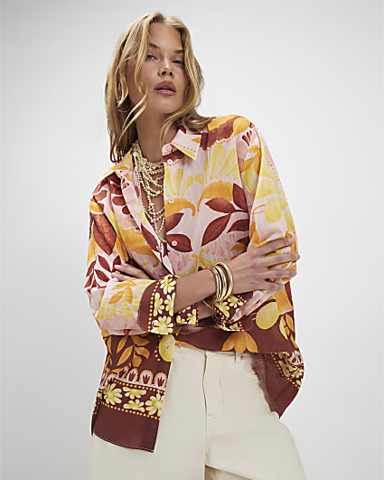 Orange Tropical Print Oversized Shirt
