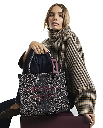 Brown Leopard Print Embroidered Tote Bag