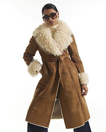 Beige Belted Faux Shearling Trench Coat