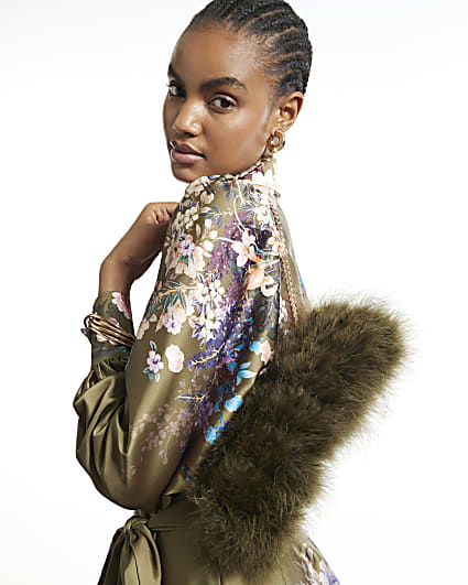 Khaki Marabou Feather Framed Shoulder Bag
