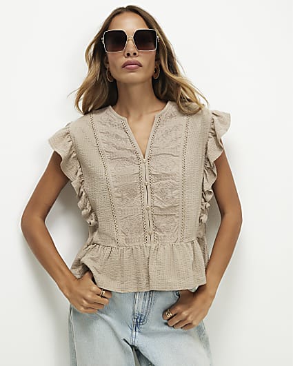 Beige Cotton Jersey Button Up Blouse