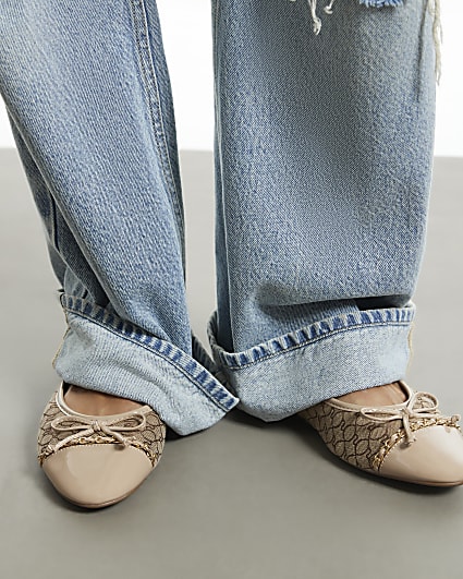 Beige Monogram Toe Cap Bow Ballet Flats