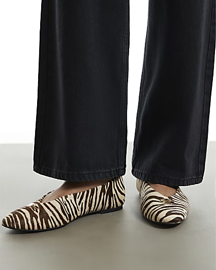 White Leather Zebra Pointed Toe Ballet Shoes