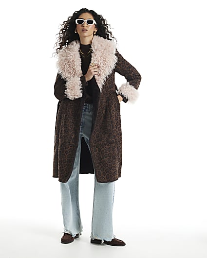 Brown Leopard Print Shearling Trench Coat