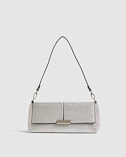 Silver Embellished Flap Over Clutch Bag